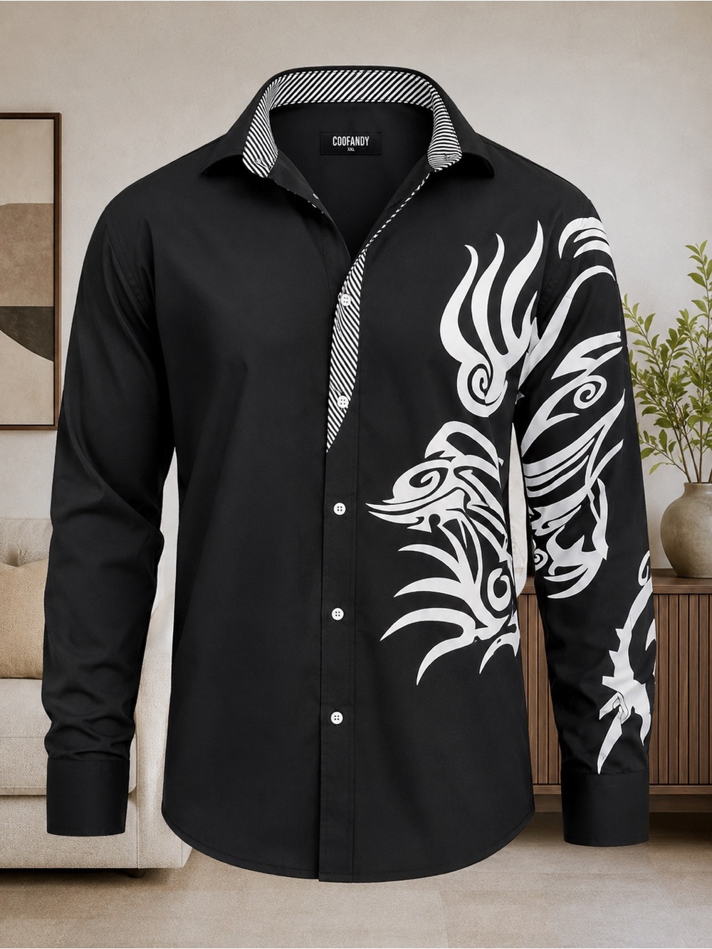 COOFANDY Black Button-Down Shirt with White Tribal Accent